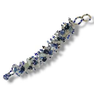 Blue & White Glass Bead Woven Wide Cuff Wrap Bracelet‎ 7"